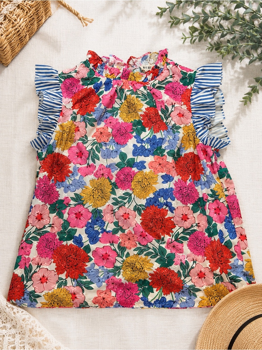 BiBi Floral Flutter Sleeve Blouse XL Colorful Spring Summer Top Boho